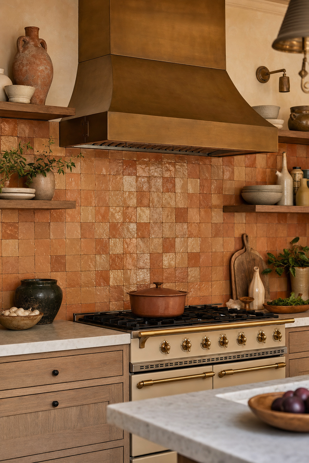 Kitchen design inspiration with terracotta zellige tile backsplash and brass range hood
