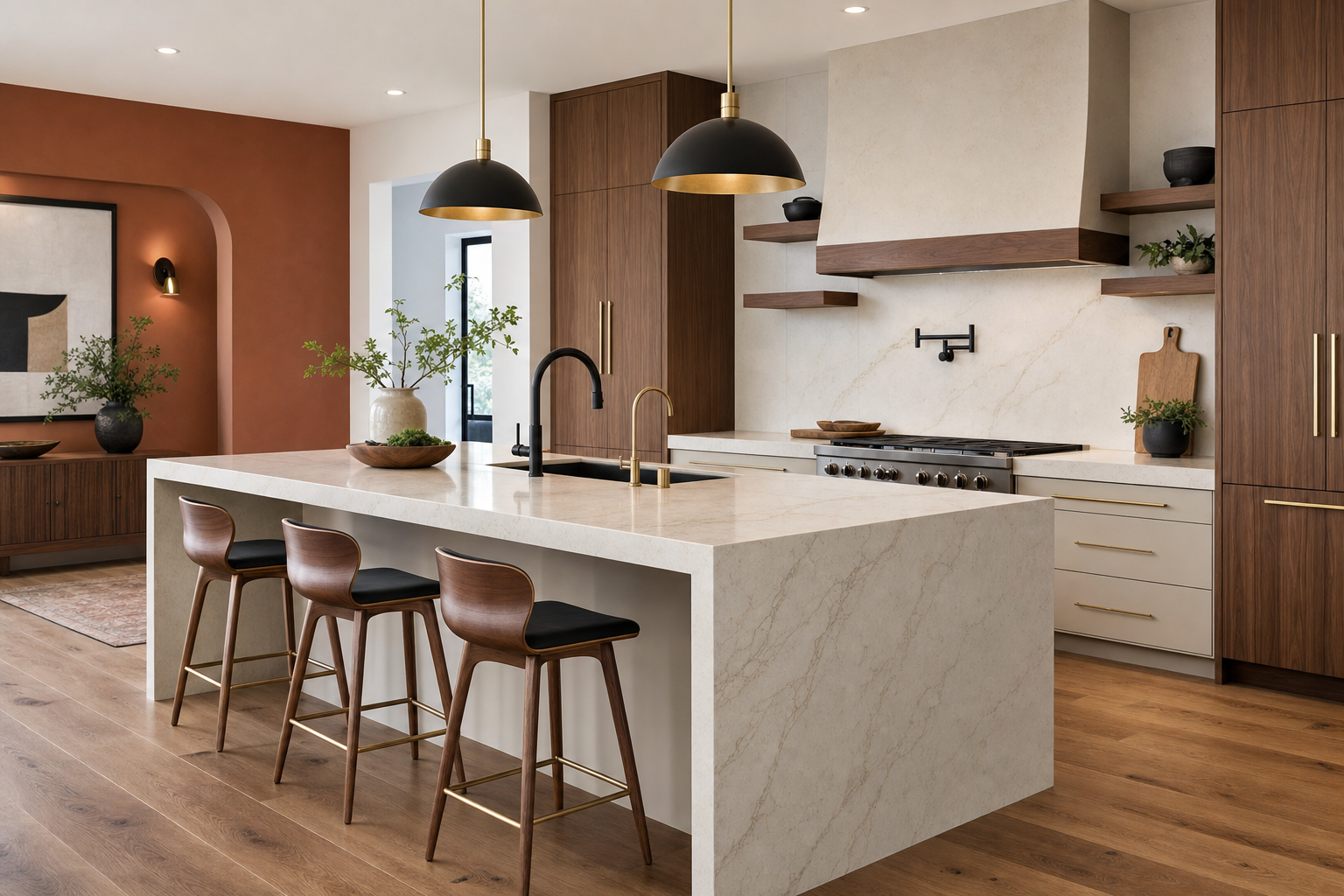 Kitchen design inspiration with quartz waterfall island and matte black fixtures