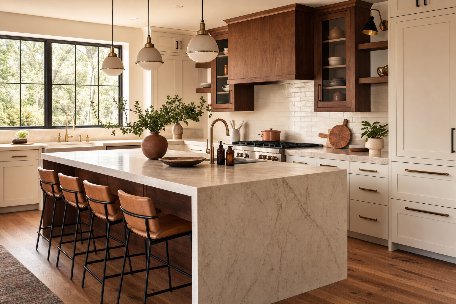 Custom Queens kitchen remodel with warm wood cabinetry, quartz waterfall island and brass pendant lighting