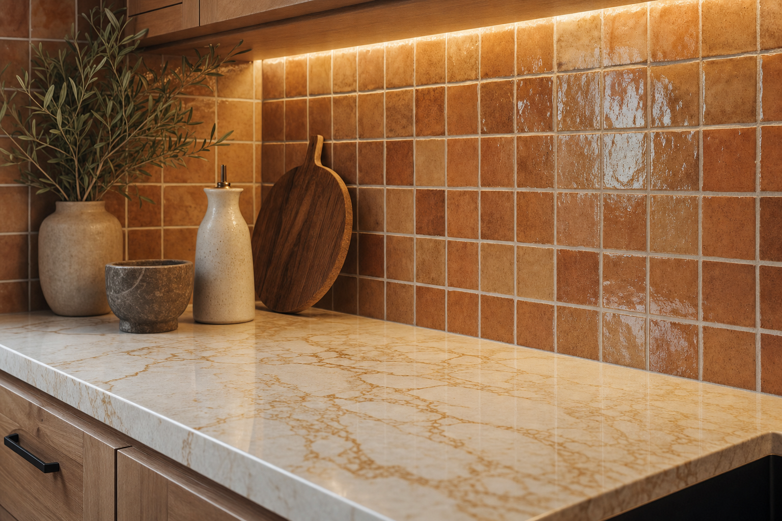 Quartz countertop with warm veining next to terracotta tile backsplash
