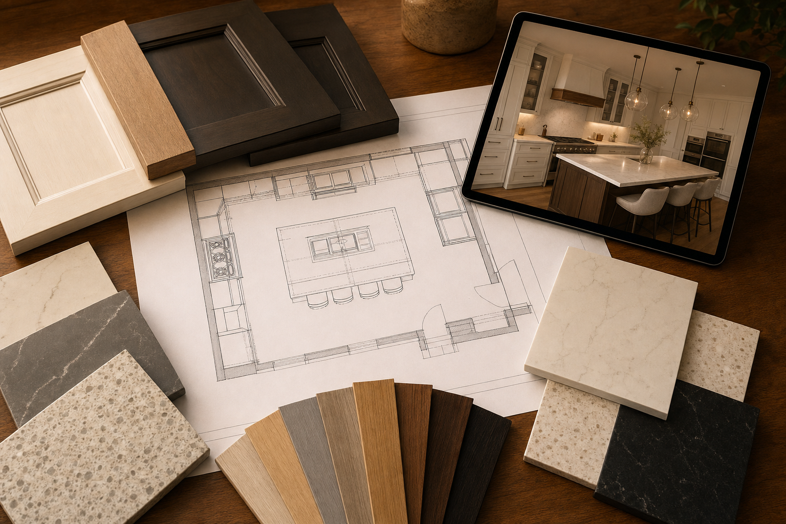 Custom kitchen design planning with material swatches, floor plan and 3D render